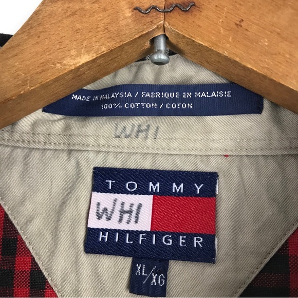 VTG Tommy Hilfiger XL Red Tartan Plaid Long Sleeve Button Up Shirt Crest Logo - Picture 4 of 16